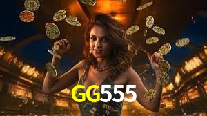 Una escena digital vívida inspirada en casino con GG555 mostrado prominentemente, luces brillantes, fichas, cartas y acentos dorados.