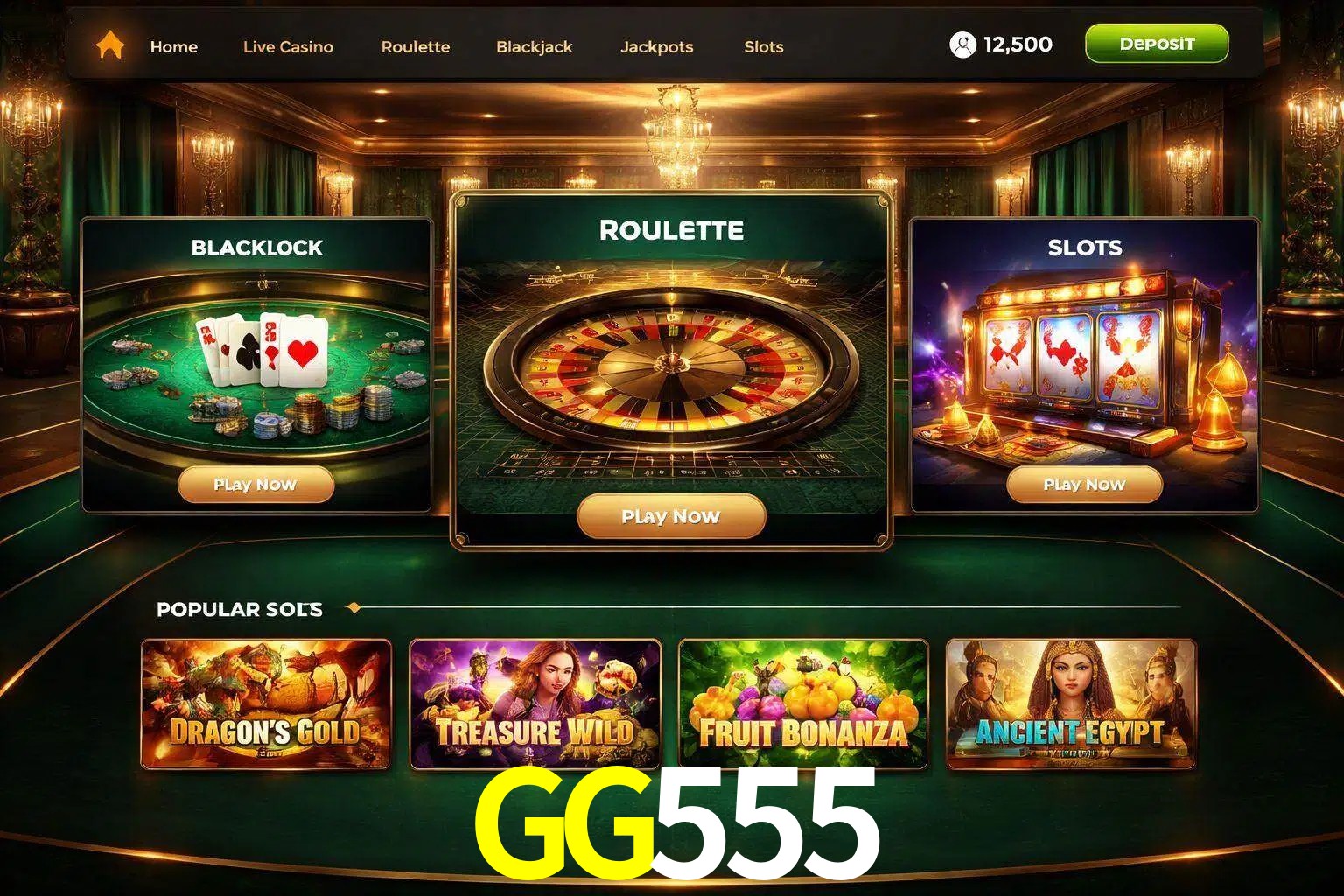Vista de la plataforma GG555 Casino mostrando categorías organizadas de juegos en línea